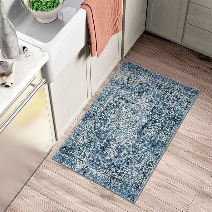 Morebes Boho 2x3 Blue Bathroom Rugs, Washable Small Indoor Door Mat Vintage Medallion Kitchen Rug Non-Slip, Soft Non-Shedding Throw Carpet for Bedroom Entrance Bath