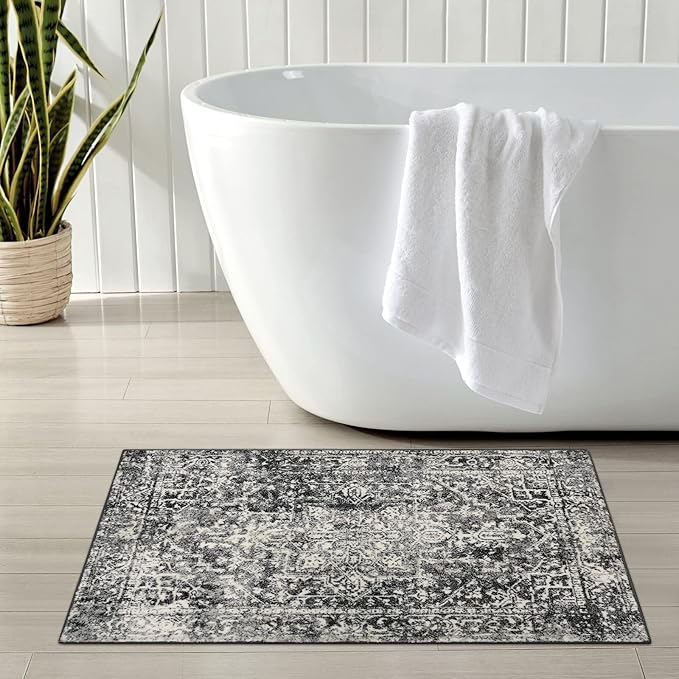 Morebes Vintage 2x3 Black Entryway Rugs, Washable Kitchen Rug Non Slip Indoor Door Mat, Medallion Stain-Resistant Soft Low Pile Throw Carpet for Entrance Bathroom Bedroom