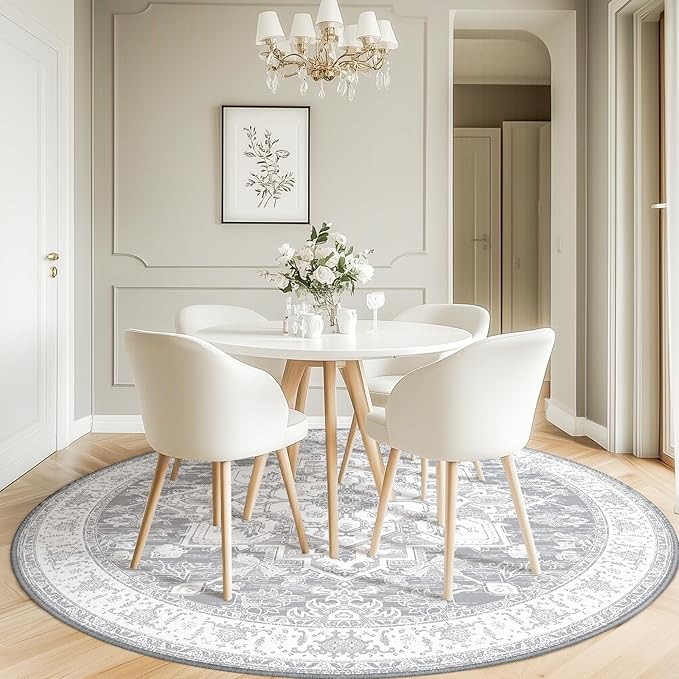 BESTSWEETIE 6ft Area Rugs for Living Room Washable Non Slip Carpet Low Pile Soft Vintage Print Pattern Rug for Bedroom Dining Room Kitchen Entryway Indoor-Light Grey