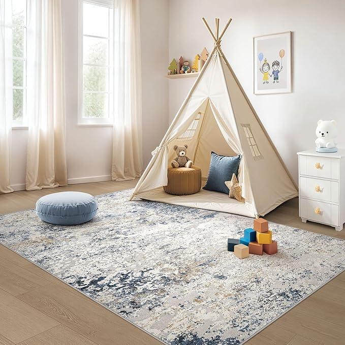Washable Area Rug: 3x5 ft Abstract Small Rugs for Entryway Kitchen Living Room Bedroom - Non Slip Modern Neutral Carpet Indoor Front Door - Beige Blue