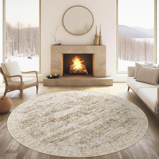 5x5 Brown Round Rug 5ft Living Room Rug Vintage Round Area Rug Non Slip Indoor Carpet for Entryway Dining Room Bedroom