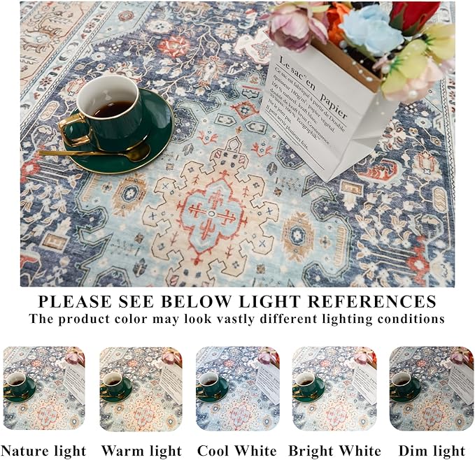 3x12 Washable Oriental Runner Rug - Non Slip Rubber Backing Low Pile Stain Resistant Carpet for Hallway Entryway Kitchen - Neutral Farmhouse Waterproof Mat - 3x12 Blue/Beige Multi