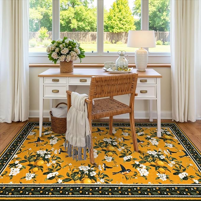 ASPMIZ Yellow Floral Area Rug, Lemon Hummingbird 3x5 Rug Washable Non Slip, Vintage Rugs for Living Room, Foldable Low Pile Soft Throw Rug Carpet for Bedroom Kitchen Dining Room Nursery Office