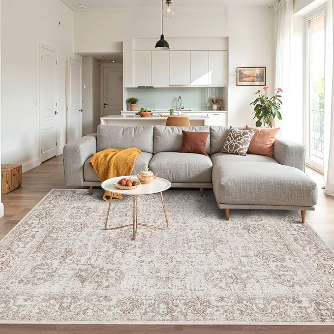 4x6 Washable Area Rug for Living Room, Vintage Neutral Boho Rugs for Office, Dining Room, Kids Room, Farmhouse, Durable Low Pile Non Slip Carpet for High Traffic Areas, Light Bown