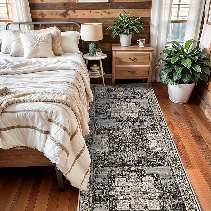 RUUGME Hallway 3x12 Runner Rugs - Large Boho Rugs for Living Room Stain Resistant Carpet Vintage Tribal Rugs for Bedroom Kitchen Bathroom Non Slip Backing Home Decor Floor Decoration Mat 3X12 Black