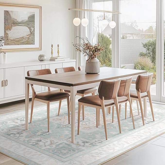 BESTSWEETIE 9x12 Area Rugs for Living Room, Washable Ultra Soft Boho Vintage Print Pattern Rug Non Slip Low Pile Carpet for Dining Room Bedroom Entryway Indoor-Light Blue