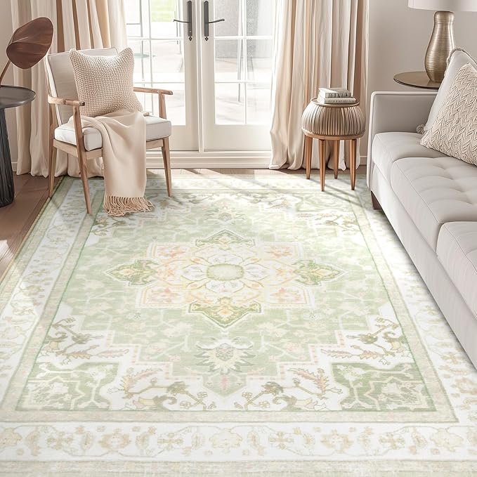 BESTSWEETIE 9x12 Area Rugs for Living Room, Washable Ultra Soft Boho Vintage Print Pattern Rug Non Slip Low Pile Carpet for Dining Room Bedroom Entryway Indoor-Light Green