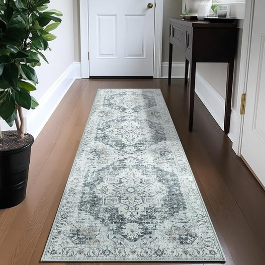 jinchan Runner Rug 2x12 Hallway Rug Kitchen Washable Runner Vintage Mat Retro Print Lightweight Non-Slip Floor Cover Distressed Thin Carpet for Entryway Bathroom Bedroom Laundry Room Stairway Grey