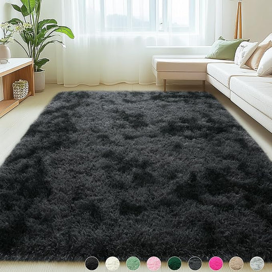 6x9 Rugs for Living Room, Large Fluffy Area Rugs for Bedroom, Soft Carpet Shag Kids Room Rug, Non-Slip Fuzzy Rugs Indoor (Black Grey Tie-Dyed, 6ft x 9ft)