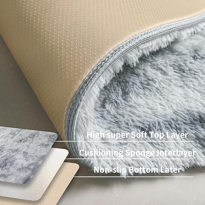 6x9 Light Grey Fluffy Shag Area Rug for Bedroom, Soft Plush Fuzzy Washable Non Slip Carpet for Living Room, Modern Comfy Furry Shaggy Large Rug for Kids Baby Boys Nursery Dorm, Tie-Dye Gray