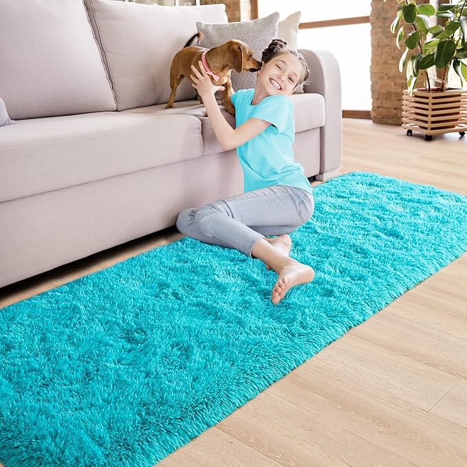 Noahas Teal Blue Runner Rug for Hallway,2'x6' Long Area Rugs for Bedroom Living Room,Non Slip Thick Shag Floor Carpet for Entryway Kitchen Dorm Nursery Bedside Kids Room