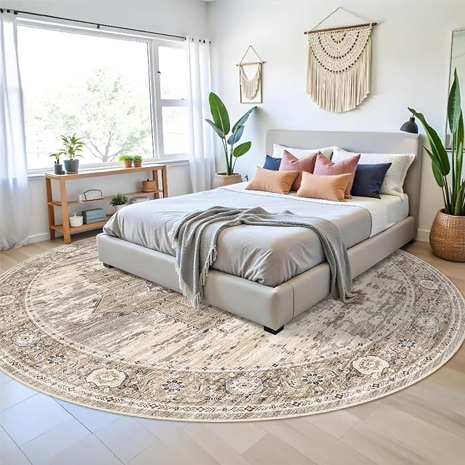 RUUGME 9ft Round Area Rug - Large Boho Rugs for Living Room Stain Resistant Carpet Vintage Tribal Rugs for Bedroom Kitchen Bathroom with Non Slip Backing Home Decor Floor Decoration Mat 9ft Beige