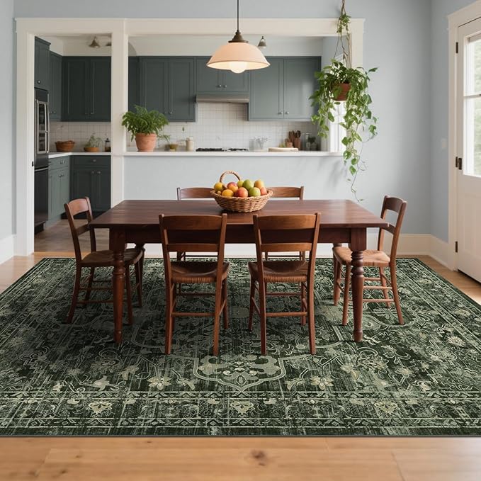 U'Artlines Boho Vintage Area Rug 8x10 Machine Washable Low Pile Soft Floor Carpet Non Slip Non Shedding Accent Rug for Living Room Bedroom Entryway Dining Room Office Dark Green