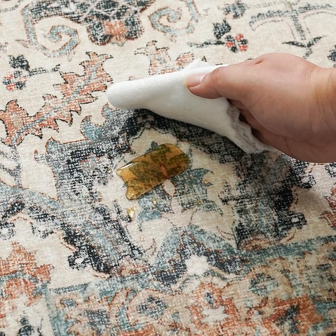 Washable Area Rug 9x12 - Living Room Farmhouse Vintage Oriental Rug Large Distressed Non-Slip Stain Resistant Carpet for Bedroom Dining Room Home Office (9x12 Sage Green/Orange)