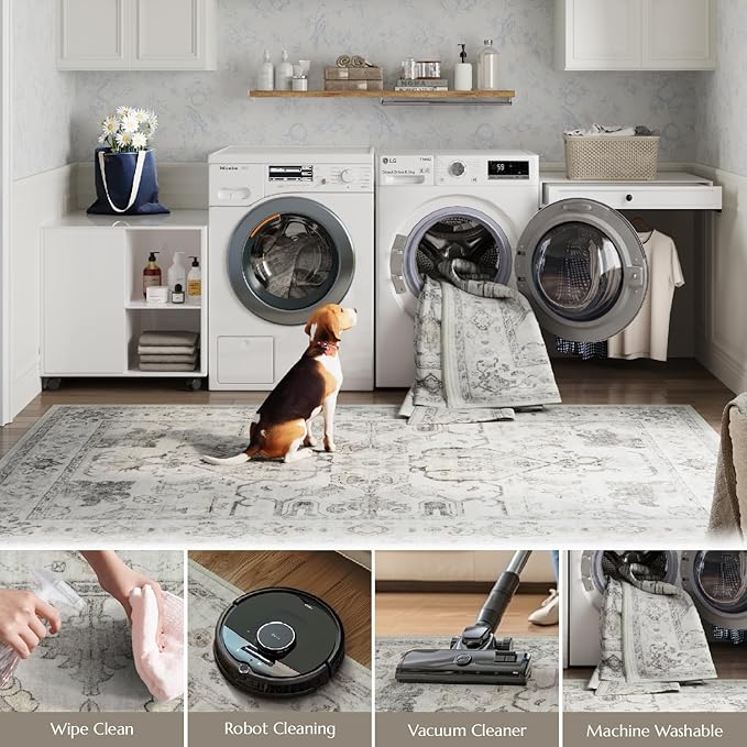 jinchan Hallway Runner Rug 2x8 Machine Washable - Vintage Floral Non-Slip Low-Pile Soft Ultra-Thin Faux Wool Kitchen Rug Distressed Carpet Runner for Farmhouse Bedroom Laundry Room (2x8ft,Taupe)