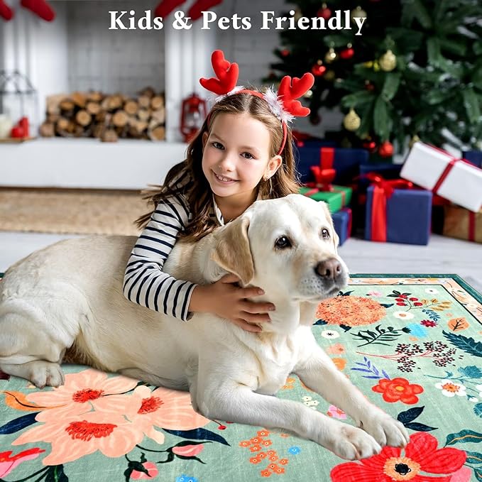2x3 Small Floral Rug for Entryway, Flowers Printed Washable Rugs with Non Slip Backing for Girls Bedroom Kitchen, Cute Throw Carpet Front Door Entry Decor, Light Green
