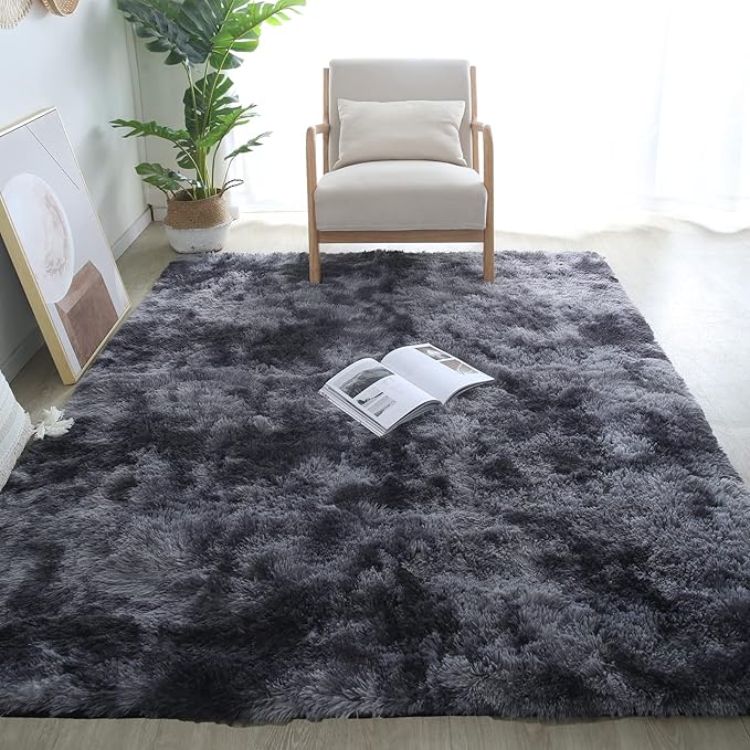 CAIYUECS Grey Shag Area Rug,for Bedroom: Indoor Ultra Soft Plush Rugs for Bedroom Living Room, Non-Skid Modern Nursery Faux Fur Rugs for Kids Room Home Decor (Tie-Dyed Dark Gray, 3x5 Feet)