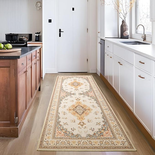 Tepook 2x6 Vintage Runner Rug - Low Pile Washable Non-Slip Carpet for Hallway, Kitchen, Bedroom, Entryway, Laundry Room, Bathroom - Indoor Throw Rug in Beige