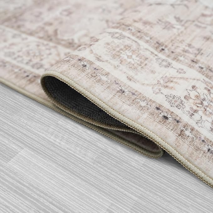 3x12 Hallway Washable Runner Rug - Vintage Non Slip Soft Rug for Kitchen Living Room Low-Pile Stain Resistant Carpet for Bathroom Entryway Thin Floor Mat for Bedroom Dining Room (3x12,Beige)