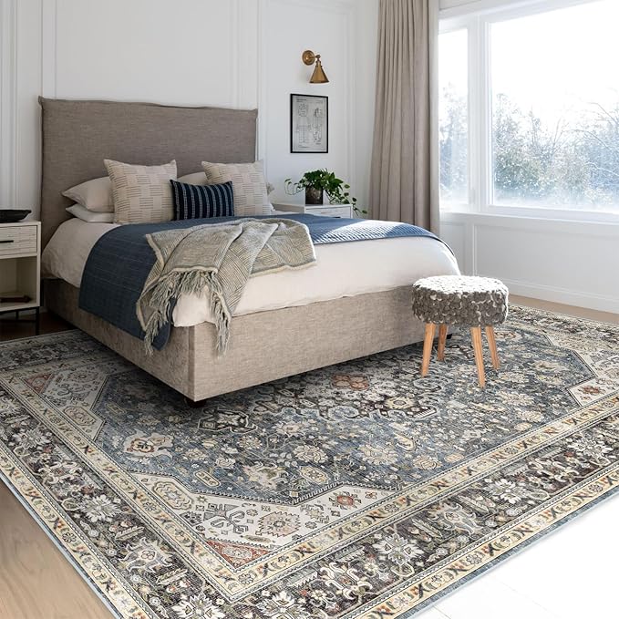 Washable Area Rug - 8x10 Bedroom Living Room Large Indoor Rugs Soft Oriental Vintage Rugs Non-Slip Backing Stain Resistant for Farmhouse Kitchen (8x10 Navy Blue)