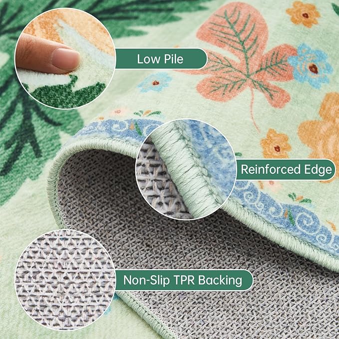 Washable Runner Rug 2x6 for Entryway Non Slip Stain Resistant Green Carpet Runners for Hallways 6ft Low Pile Faux Fur Vintage Floral Pattern Boho Spring Kitchen Rugs for Laundry Front Porch Bedroom