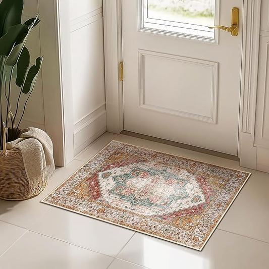 Washable 2x3 Area Rugs, Rugs for Living Room, Low-Pile Water&Stain Resistant Carpet Vintage Distressed Printed Non-Slip Carpet for Bedroom Bathroom Kitchen-Yellow/Brown