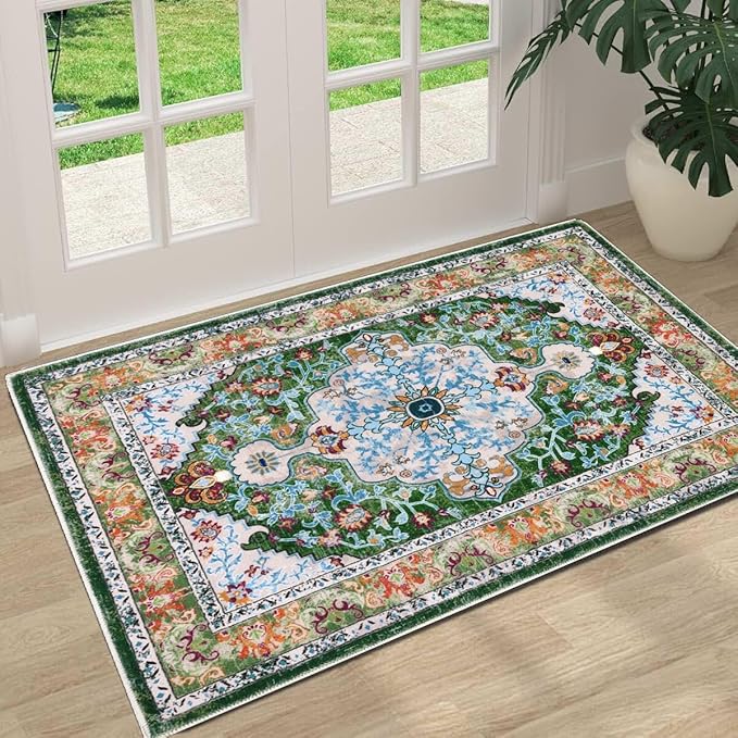 U'Artlines Washable Boho Area Rug, 2x3 Small Soft Non Slip Vintage Doormat for Indoor Front Door Green Mat Carpet for Entryway Kitchen Bathroom Bedroom