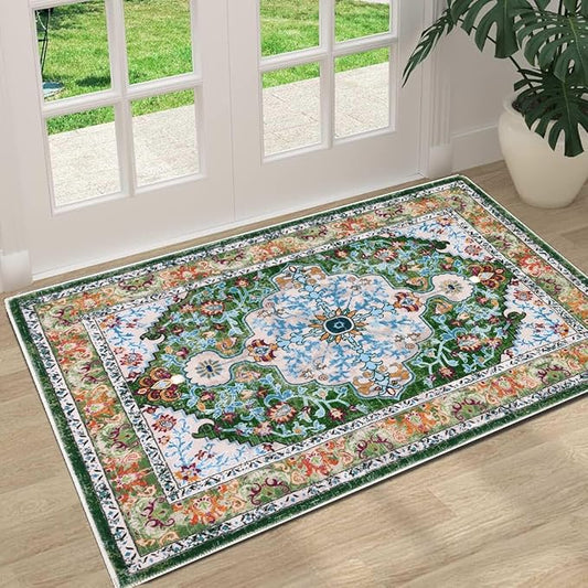 U'Artlines Washable Boho Area Rug, 2x3 Small Soft Non Slip Vintage Doormat for Indoor Front Door Green Mat Carpet for Entryway Kitchen Bathroom Bedroom