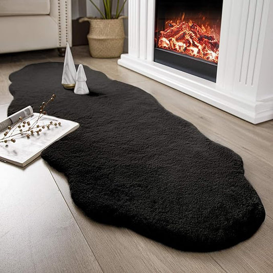 Ashler HOME DECO Ultra Soft Faux Rabbit Fur Chair Couch Cover Area Rug for Bedroom Floor Sofa Living Room Black 2 x 6 Feet
