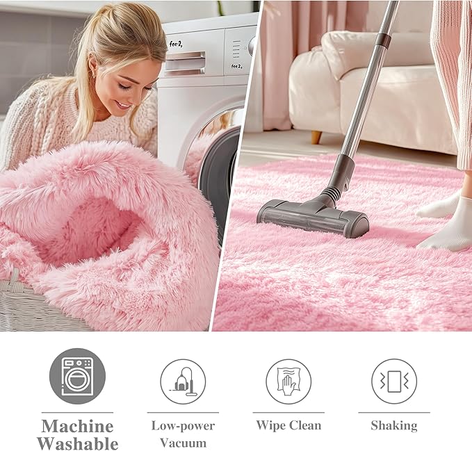 OLANLY Pink Round Rugs for Bedroom - Machine Washable, 9x9 Feet Circle Area Rugs for Living Room, Soft and Fluffy Shaggy Carpet for Teen Girls and Boys, Nursery Rooms, Dorms, Home Decor Aesthetic