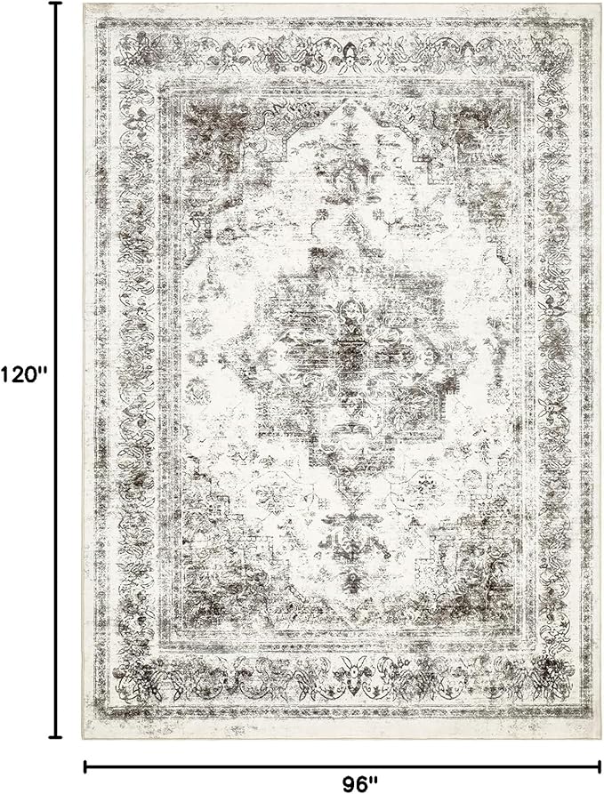 Washable Rug 8x10 Area Rug for Living Room Gray Vintage Boho Medallion Large Grey Distressed Retro Carpet Non Slip Indoor Low Pile Small Soft Bedroom Dining Room Home Office