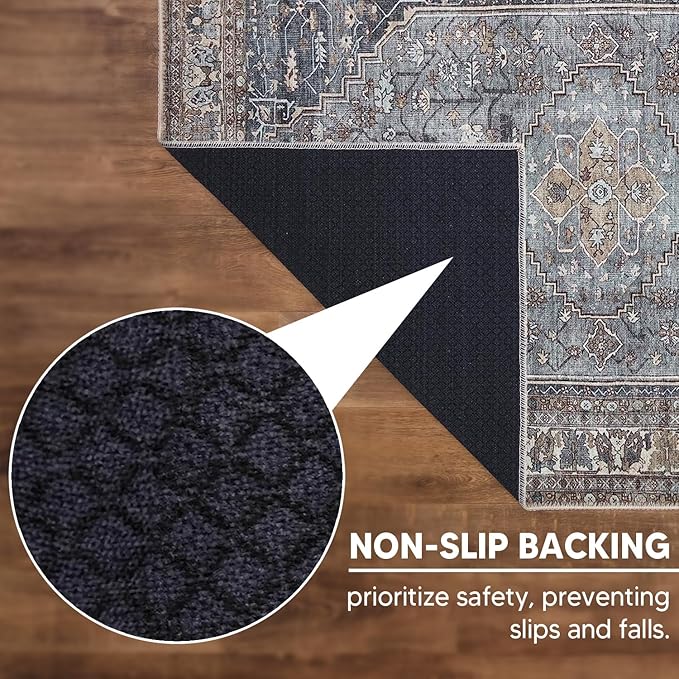 Keen Home Design Machine Washable Area Rugs with Non-Slip Backing,Ideal for Hallway,Living Room,Bedroom,Kitchen and Laundry Room,Vintage Moroccan and Low Pile Rug-(2'6''x10'),Smoke Grey/ Cold Green