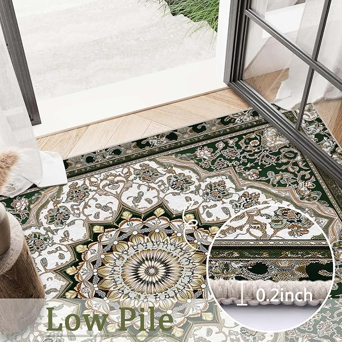 2x3 Entryway Rug Traditional Oriental Vintage White Dark Green Area Rug Indoor Entrance Non Slip Door Mat Stain Resistant Washable Machine Soft Low Pile Small Carpet Bathroom Kitchen