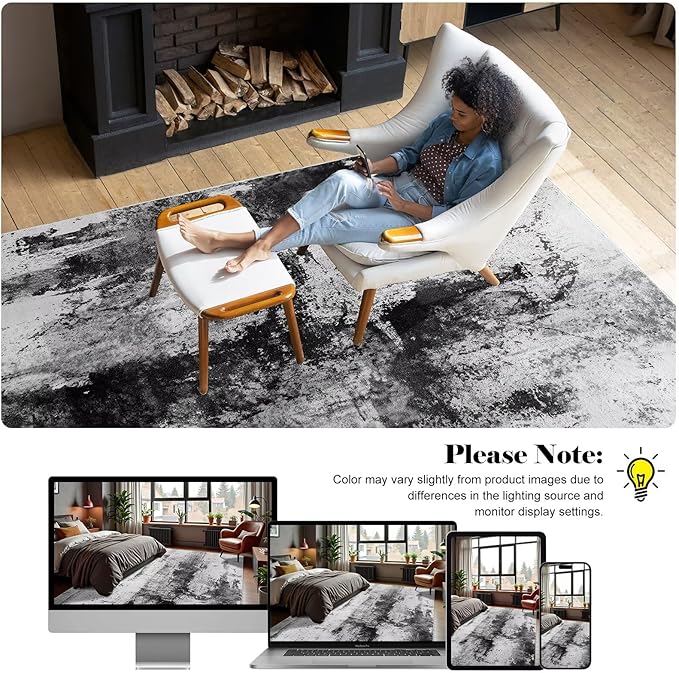 Washable Abstract Rug, 5x7 Modern Area Rugs with Non-Slip Rubber Backed for Living Room, Thin but Soft Contemporary Carpet Kitchen Bedroom Dining Room Decor, Black Grey
