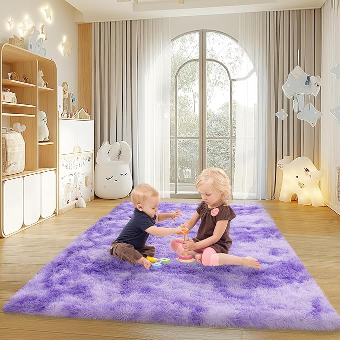 4x6 Rugs for Living Room, Large Fluffy Area Rugs for Bedroom, Soft Carpet Shag Kids Rug with 4 Non-Slip Rug Pads (Purple TieDyed, 4ft x 6ft)