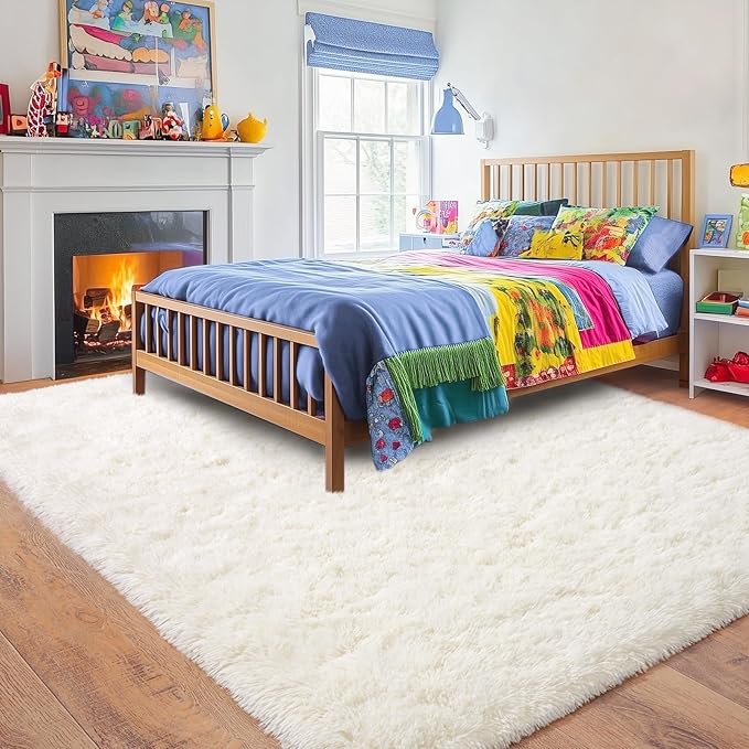 Rugs for Living Room, Area Rug 6x9 Fluffy Shag Floor Carpet, Ultra Soft Plush Modern Indoor Fuzzy Rugs for Bedroom Kids Room Nursery Dorm Home Decor Aesthetic, Cream White