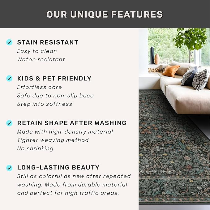 Washable Dark Green 2x10 Runner Rug for Hallway, Kitchen, Laundry Room, 10 ft Non Slip Stain Resistant Extra Long Soft Rugs, Vintage Floral Unique Botanical Floor Mat
