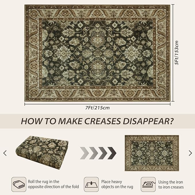 Area Rugs for Living Room, Washable 5x7 Area Rug for Bedroom, Retro Floral Non-Slip Carpet for Nursery Home Office Dining Room Kitchen, Brown and Green