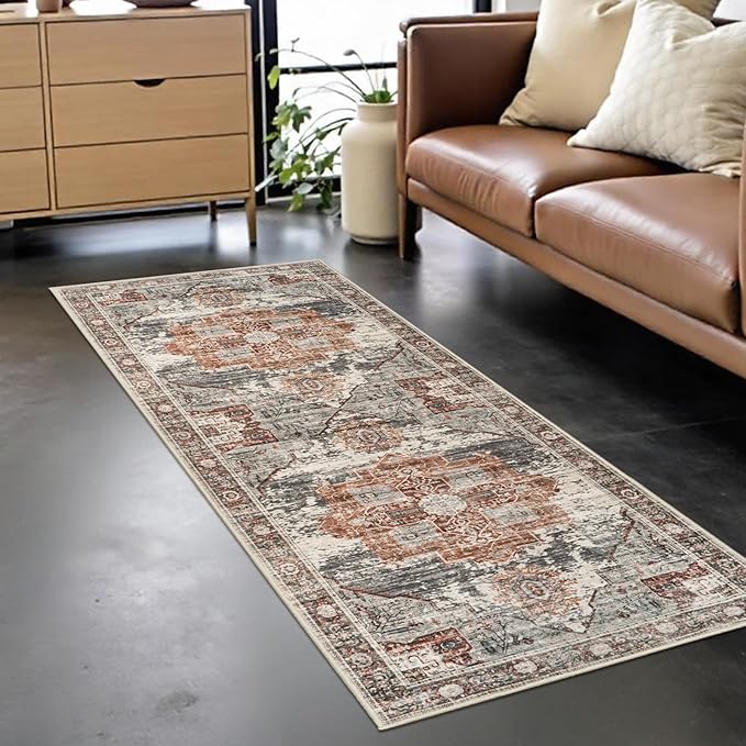 Washable Hallway Runner Rug 2x6 - Boho Rugs for Living Room Stain Resistant Carpet Vintage Tribal Rugs for Bedroom Kitchen Bathroom Non Slip Backing Home Decor Floor Decoration Mat 2x6 Brick