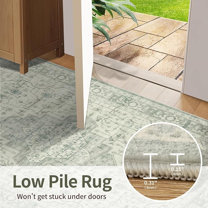 4x6 Washable Area Rug for Living Room, Vintage Boho Rugs for Office, Dining Room, Kids Room, Farmhouse, Durable Low Pile Non Slip Carpet for High Traffic Areas, Sage Green