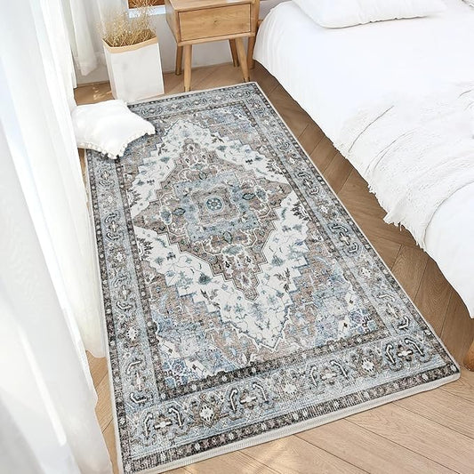 Washable Rug 3x5 Non-Slip Vintage Retro Rugs Low Pile Lightweight Print Carpet Indoor Entryway Door Mat Throw Rug for Living Room, Bedroom, Dining Room (Beige & Taupe)