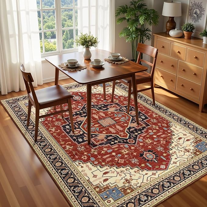 3x5 Orange Red Area Rug for Living Room, Machine Washable Rugs with Non-Slip Backing for Bedroom, Vintage Medallion Carpet Kitchen Laundry Kids Room Decor