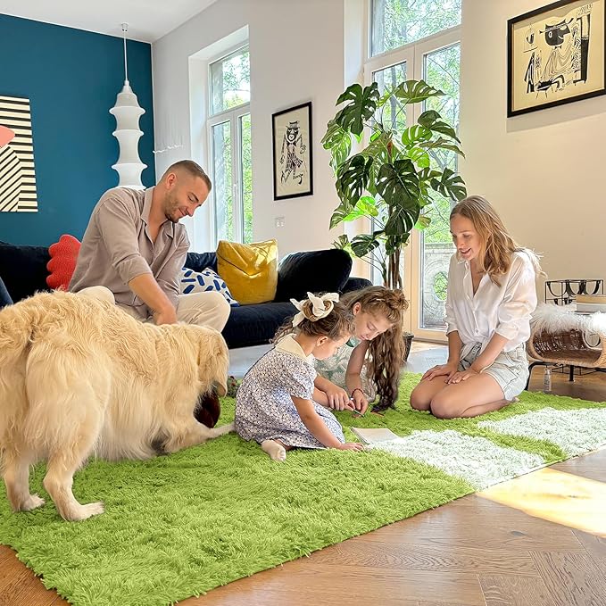 OLANLY Area Rugs for Living Room Bedroom, Machine Washable 4x5.9 Feet Soft Fluffy Shaggy Bedside Rug, Indoor Floor Carpet for Kids Girls Boys, Dorms, Nursery Rooms, Home Decor Aesthetic, Grass Green