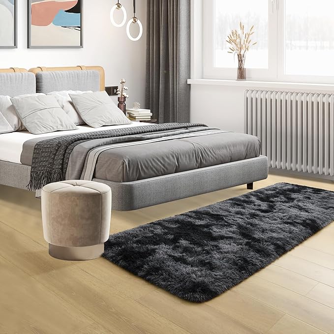 Tepook Fluffy Runner Rugs for Bedroom Aesthetic 2x6 Feet, Shag Soft Bedside Rug with Non-Slip Bottom, Fuzzy Plush Carpet for Room, Hallway Rug for Nursery Dorm Indoor Home Decor, Tie-dye Dark Grey