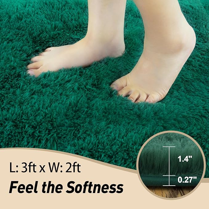 2x3 Rugs for Bedroom, Fluffy Dark Green Area Rugs for Living Room, Soft Shag Kids Rug Small Carpet with 4 Non-Slip Rug Pads (2ft x 3ft, Dark Green)