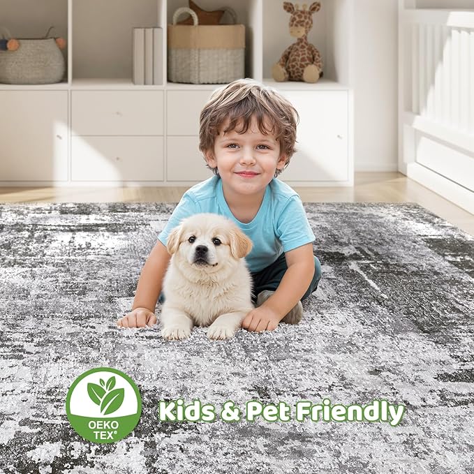 10x12 Area Rug Living Room: Washable Large Abstract Modern Soft Rugs Stain Resistant Indoor Floor Non Slip Accent Carpet for Bedroom Nursery Playroom Office Dining Room Dorm Home House- Black Gray