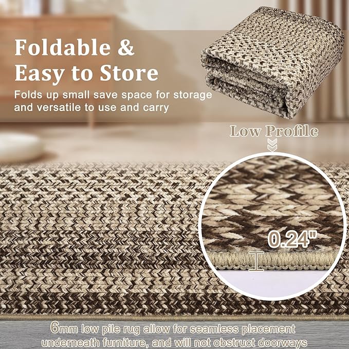Imitation Braided Collection-Print Farmhouse Living Room Area Rug 8x10 Non-Slip Washable Rugs, Modern Large Carpet, Stain Resistant Ultra-Thin Foldable Floor Cover for Nursery Dining Room