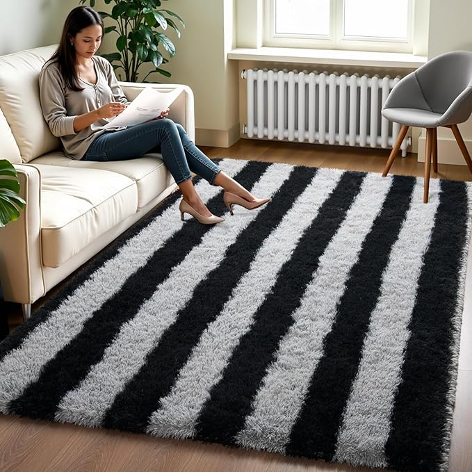 Zentavio Area Rugs for Living Room Rugs for Bedroom 4x6 Carpet Fluffy Fuzzy Soft Shag Aesthetic Plush High Pile Gray Throw Rug for Nursery Kids Room Dorm Horizontal Stripes Black Grey