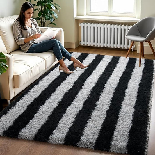 Zentavio Area Rugs for Living Room Rugs for Bedroom 4x6 Carpet Fluffy Fuzzy Soft Shag Aesthetic Plush High Pile Gray Throw Rug for Nursery Kids Room Dorm Horizontal Stripes Black Grey