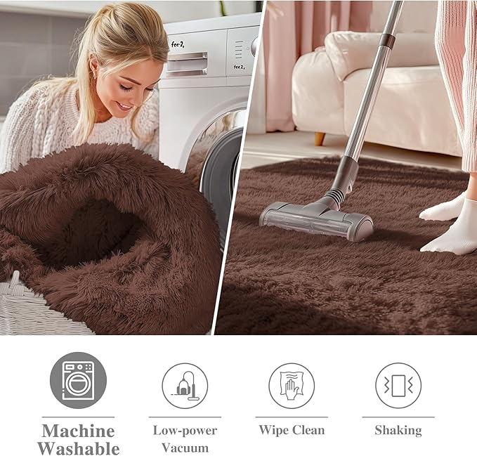 OLANLY Coffee Round Rugs for Bedroom - Machine Washable, 8x8 Feet Circle Area Rugs for Living Room, Soft and Fluffy Shaggy Carpet for Teen Girls and Boys, Dorms, Nursery Rooms, Home Decor Aesthetic